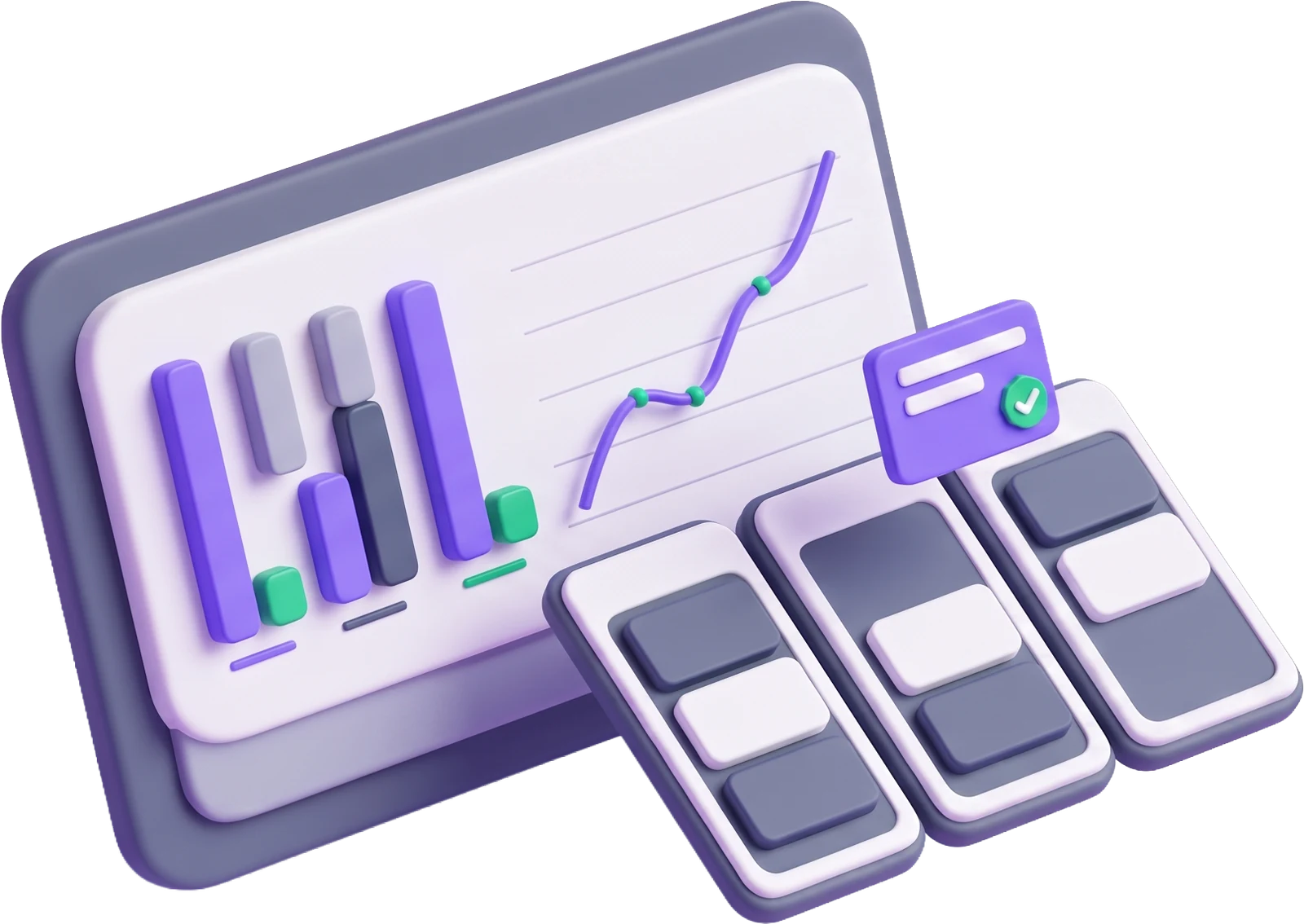 Illustration: Dashboard mit Diagrammen und Kanban-Karten
