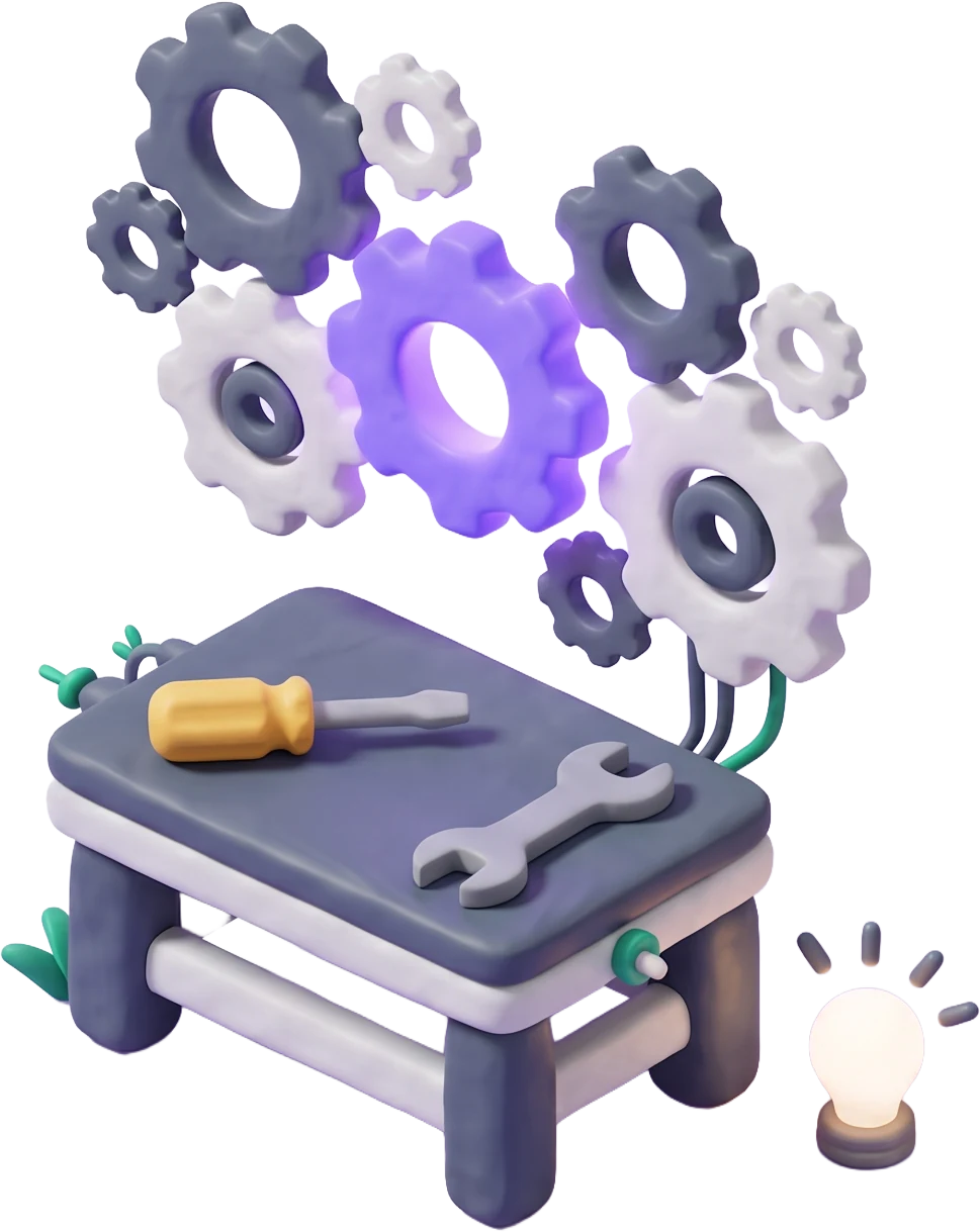 Illustration: Werkbank mit Zahnrädern und Glühbirne